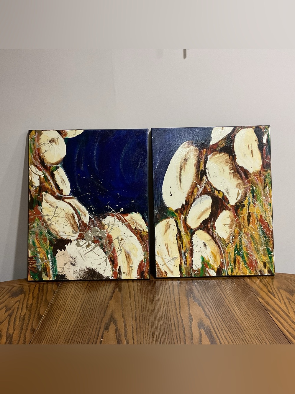 Hand-Painted Abstract Floral Diptych Canvas in Navy and Cream (2 matching)